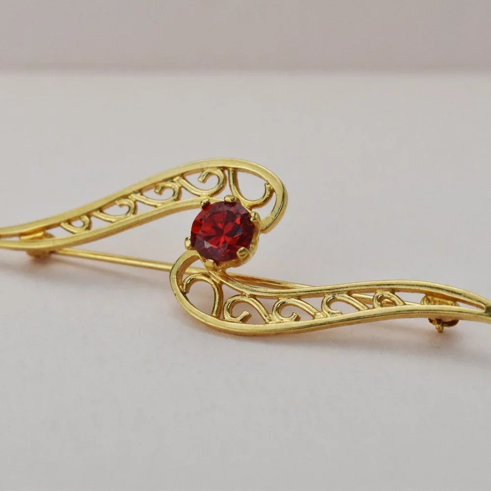Red crystal brooch gold tone, small fancy rhinestone brooch